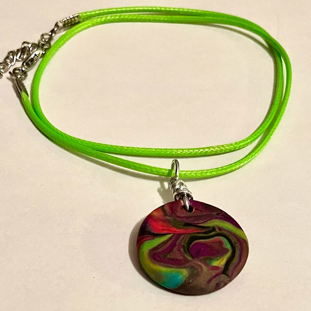 Handmade Clay Necklace Purple Green Cord Reversible Unique